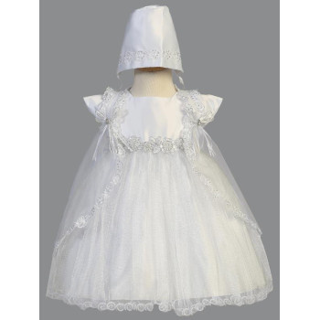 Sevva White Tulle Princess Christening Dress with Overlay & Bonnet Style L321
