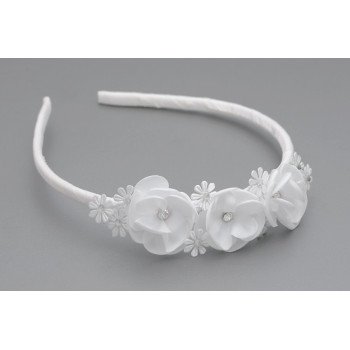 White Communion Headband with Flowers and Diamonds Style OW-050