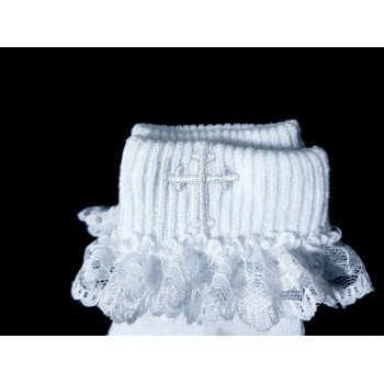 White Baby Girl Christening Socks with Cross and Lace Frill