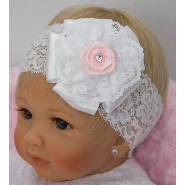 HANDMADE WHITE/PINK BABY GIRL CHRISTENING HEADBAND STYLE 333 HANDMADE WHITE/PINK BABY GIRL CHRISTENING HEADBAND STYLE 333