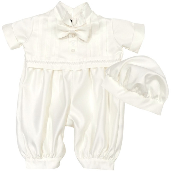 BABY BOY IVORY SATIN CHRISTENING ROMPER & HAT STYLE CR12
