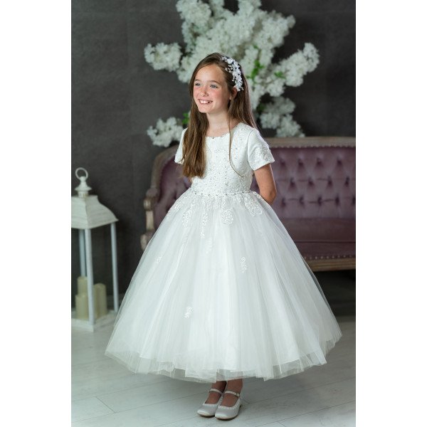 PAULA'S COMMUNION WHITE TEA-LENGTH FIRST HOLY COMMUNION DRESS STYLE PJ-14 S/P PAULA'S COMMUNION WHITE TEA-LENGTH FIRST HOLY COMMUNION DRESS STYLE PJ-14 S/P