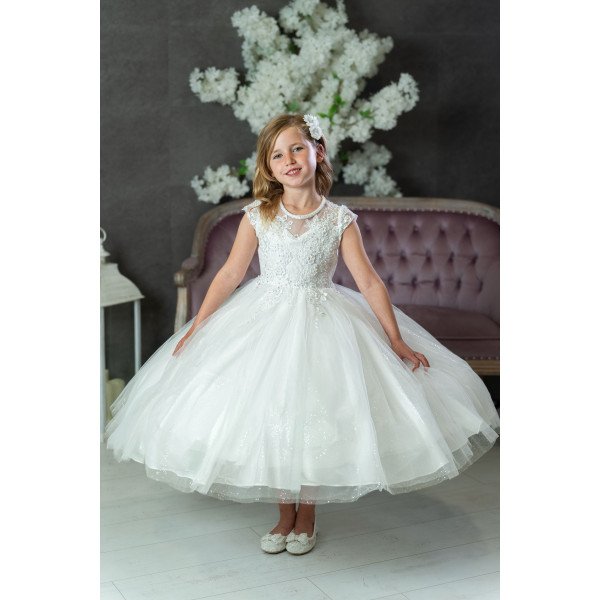 PAULA'S COMMUNION WHITE TEA-LENGTH FIRST HOLY COMMUNION DRESS STYLE UF23003