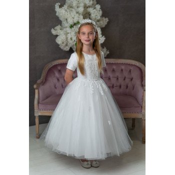 PAULA'S COMMUNION WHITE TEA-LENGTH FIRST HOLY COMMUNION DRESS STYLE PJ-14 S/P