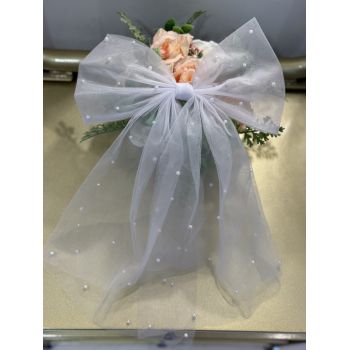 White Tulle Communion Hair Bow with Pearls Sky