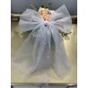 White Tulle Communion Hair Bow with Pearls Sky
