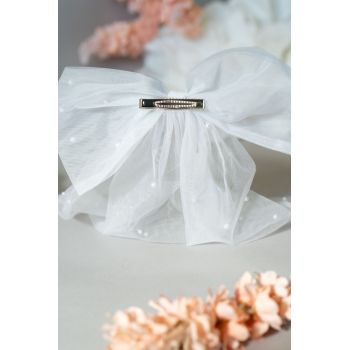 White Tulle Communion Hair Bow with Pearls Sky
