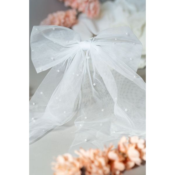 White Tulle Communion Hair Bow with Pearls Sky