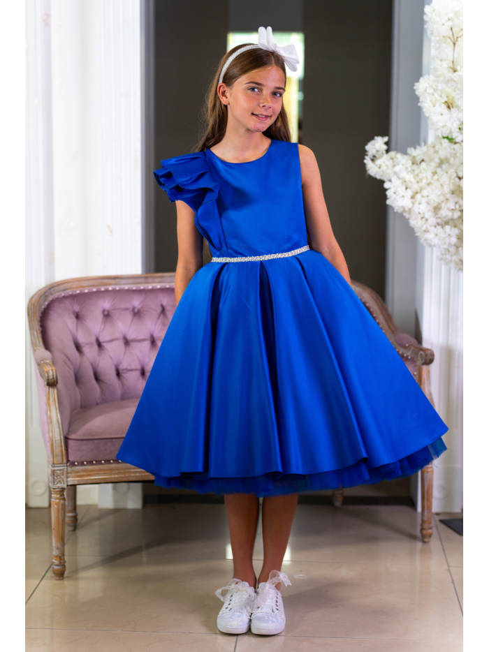 Peacock Satin Confirmation Dress with Beads and Ruffle Style EF 37