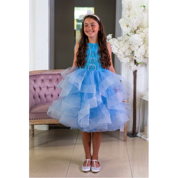 Glittered Blue Lace Confirmation Dress with Multi Layered Skirt