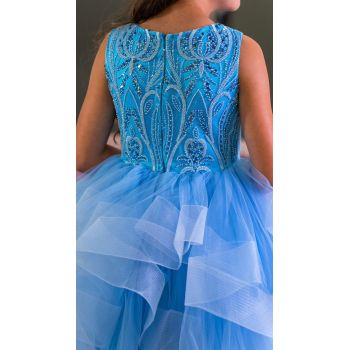 Glittered Blue Lace Confirmation Dress with Multi Layered Skirt