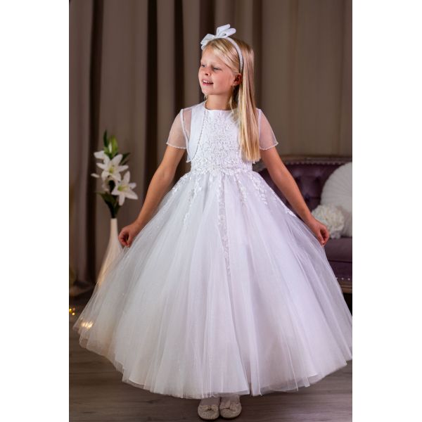 Linzi Jay Embroidered Tulle White First Holy Communion Dress with Bolero Style LWCD-224