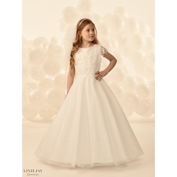 Linzi Jay Ivory First Holy Communion Dress with Glittered Skirt and Lace Top