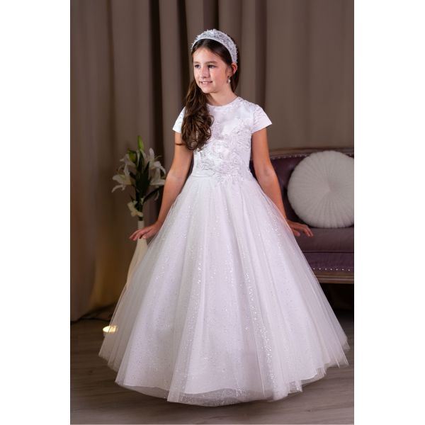 Linzi Jay White First Holy Communion Dress with Glittered Skirt and Lace Top