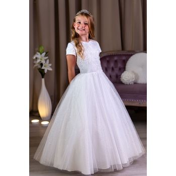 Linzi Jay White First Holy Communion Dress with Glittered Skirt and Lace Top