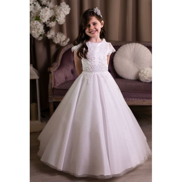 Linzi Jay White First Holy Communion Dress with Glittered Skirt and Lace Top