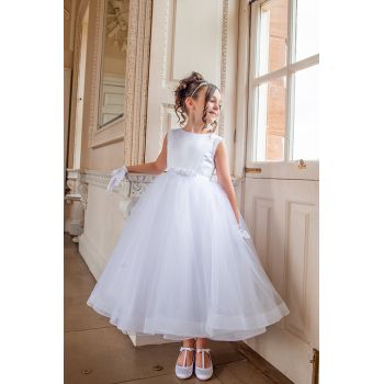 White First Holy Communion Dress with Tulle Skirt and Diamond Back
