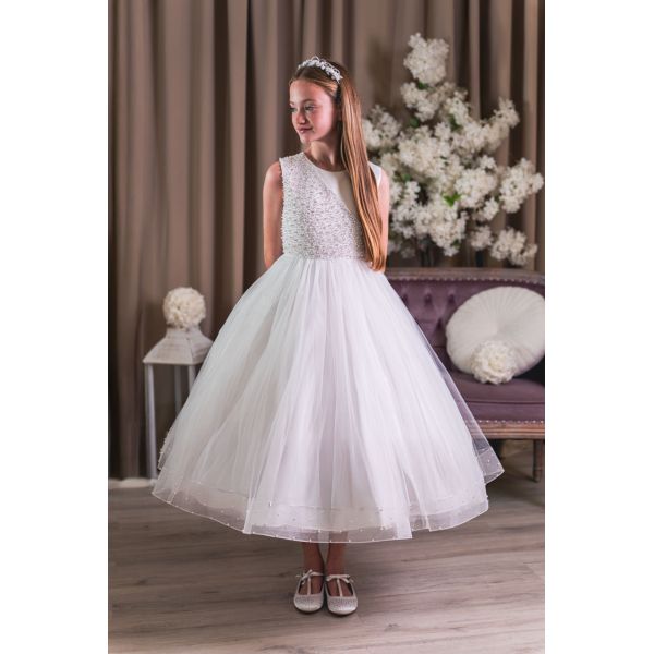 Sweetie Pie White Pearl Bodice and Tulle Skirt First Holy Communion Dress