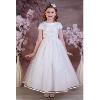 Sweetie Pie Exclusive Tulle Skirt White First Holy Communion Dress with Scallop Neckline