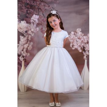 Sweetie Pie Exclusive Glitter Tulle White First Holy Communion Dress with Floral Bodice