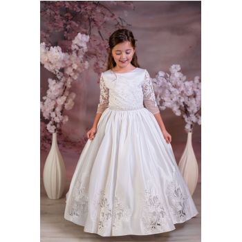 Sweetie Pie Exclusive Satin Skirt White First Holy Communion Dress with Three Quarter Sleeve