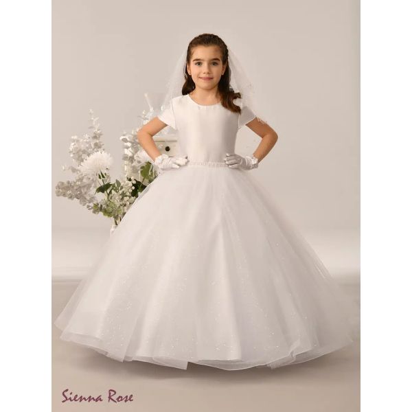 Sweetie Pie White First Holy Communion Dress with Glitter Skirt and Pearls Details