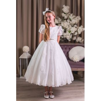Sweetie Pie White First Holy Communion Dress with Lace Details and Full Tulle Skirt