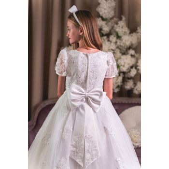 Sweetie Pie White First Holy Communion Dress with Lace Details and Full Tulle Skirt