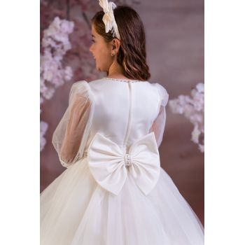 Sweetie Pie Ivory First Holy Communion Dress with Satin Bodice and Mesh Sleeves