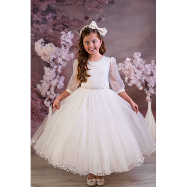 Sweetie Pie Ivory First Holy Communion Dress with Satin Bodice and Mesh Sleeves