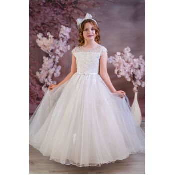 Sweetie Pie White First Holy Communion Dress with Lace Top and Tulle Skirt