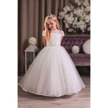 Sweetie Pie Ivory First Holy Communion Dress with Floral Bodice&Glitter Tulle Skirt
