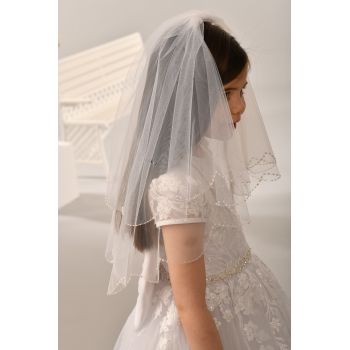 White Long First Holy Communion Veil with Pearls