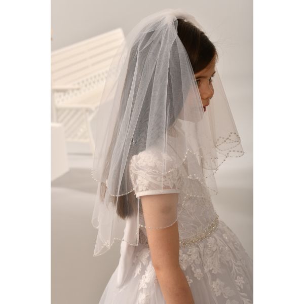 White Long First Holy Communion Veil with Pearls