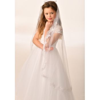 White Long First Holy Communion Veil with Pearls
