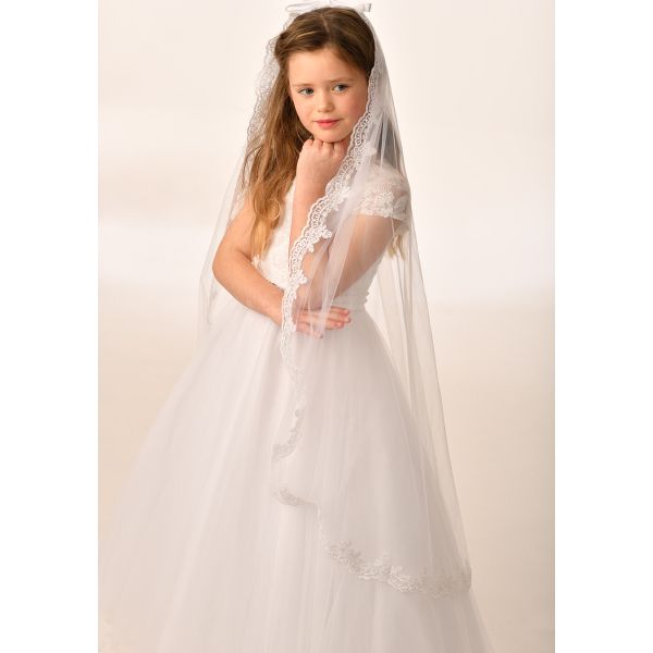 White Long First Holy Communion Veil with Pearls