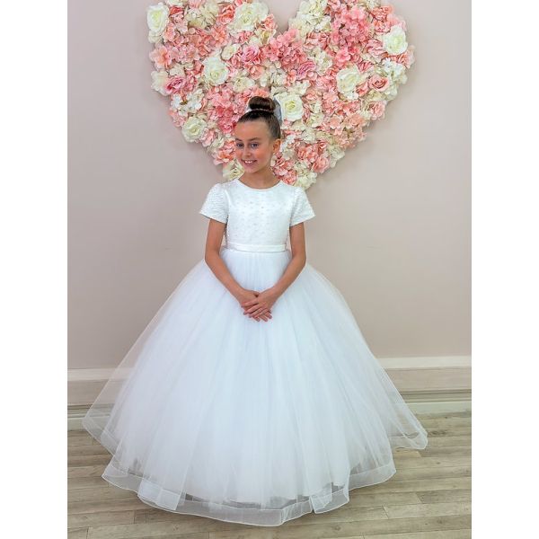 Crystal&Pearl White First Holy Communion Dress With Tulle Skirt and Beaded Bodice