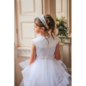 White First Holy Communion Dress with Collar and Ruffle Skirt