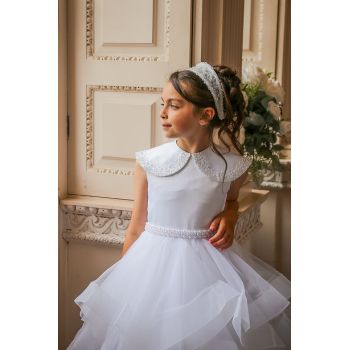 White First Holy Communion Dress with Collar and Ruffle Skirt