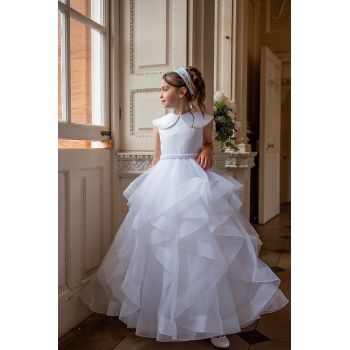 White First Holy Communion Dress with Collar and Ruffle Skirt