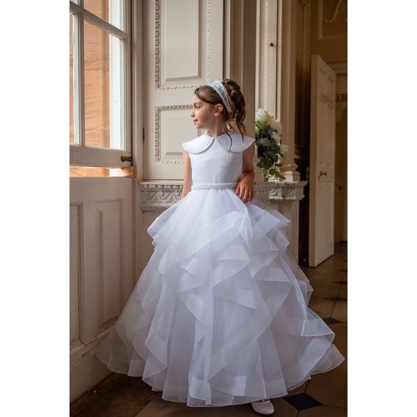 White First Holy Communion Dress with Collar and Ruffle Skirt