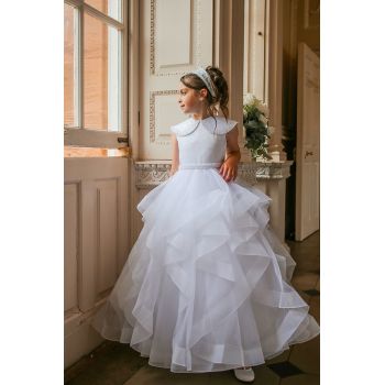 White First Holy Communion Dress with Collar and Ruffle Skirt