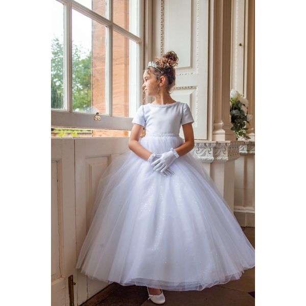 White First Holy Communion Dress with Bows Detail and Glitter Skirt