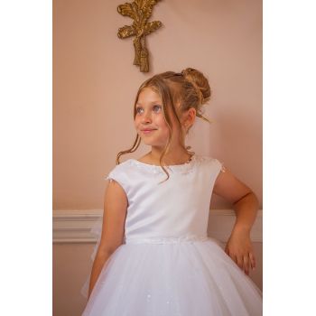 White First Holy Communion Dress with Sparkle Skirt and Floral Design