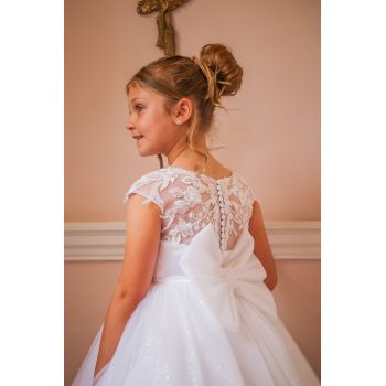 White First Holy Communion Dress with Sparkle Skirt and Floral Design