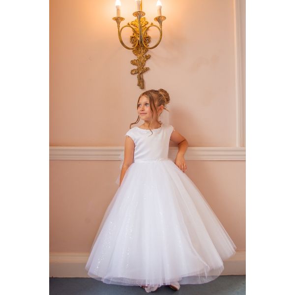 White First Holy Communion Dress with Sparkle Skirt and Floral Design