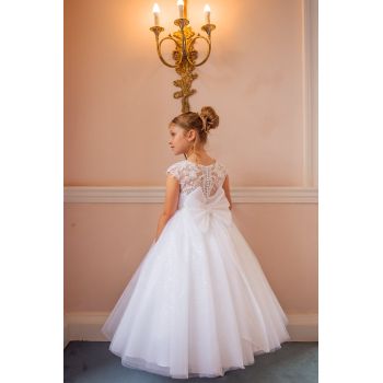 White First Holy Communion Dress with Sparkle Skirt and Floral Design