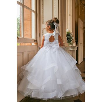 White First Holy Communion Dress with Ruffle Skirt and Pearl Detailing Style COM077
