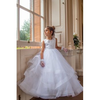 White First Holy Communion Dress with Ruffle Skirt and Pearl Detailing Style COM077
