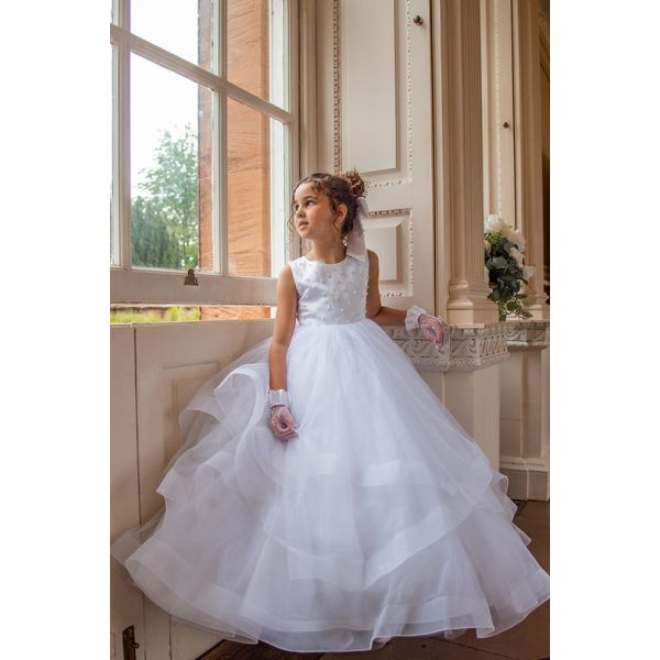 White First Holy Communion Dress with Ruffle Skirt and Pearl Detailing Style COM077